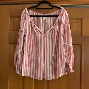 Light pink and white striped oversized tunic blouse with v-neck